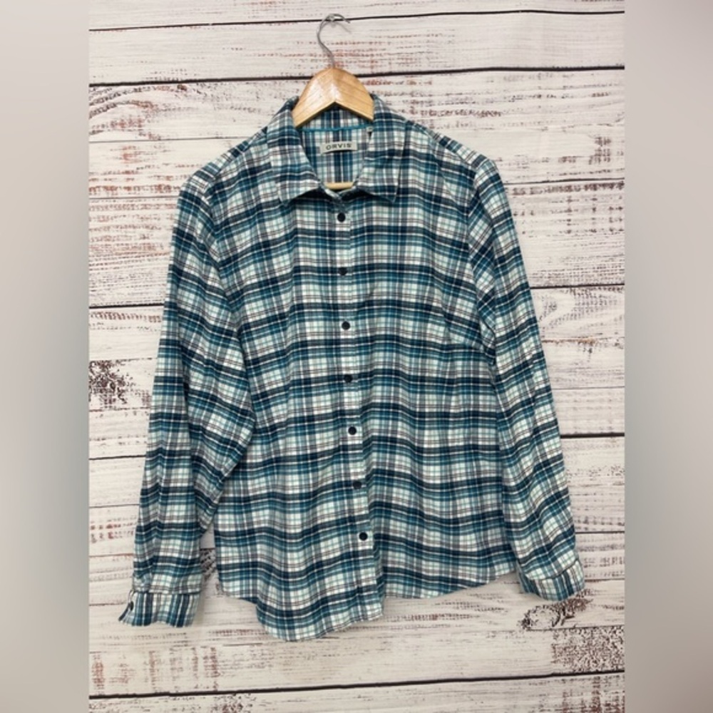 Orvis Flannel Shirt Mens XL Long Sleeve Blue Cotton Plaid‎ Button Up